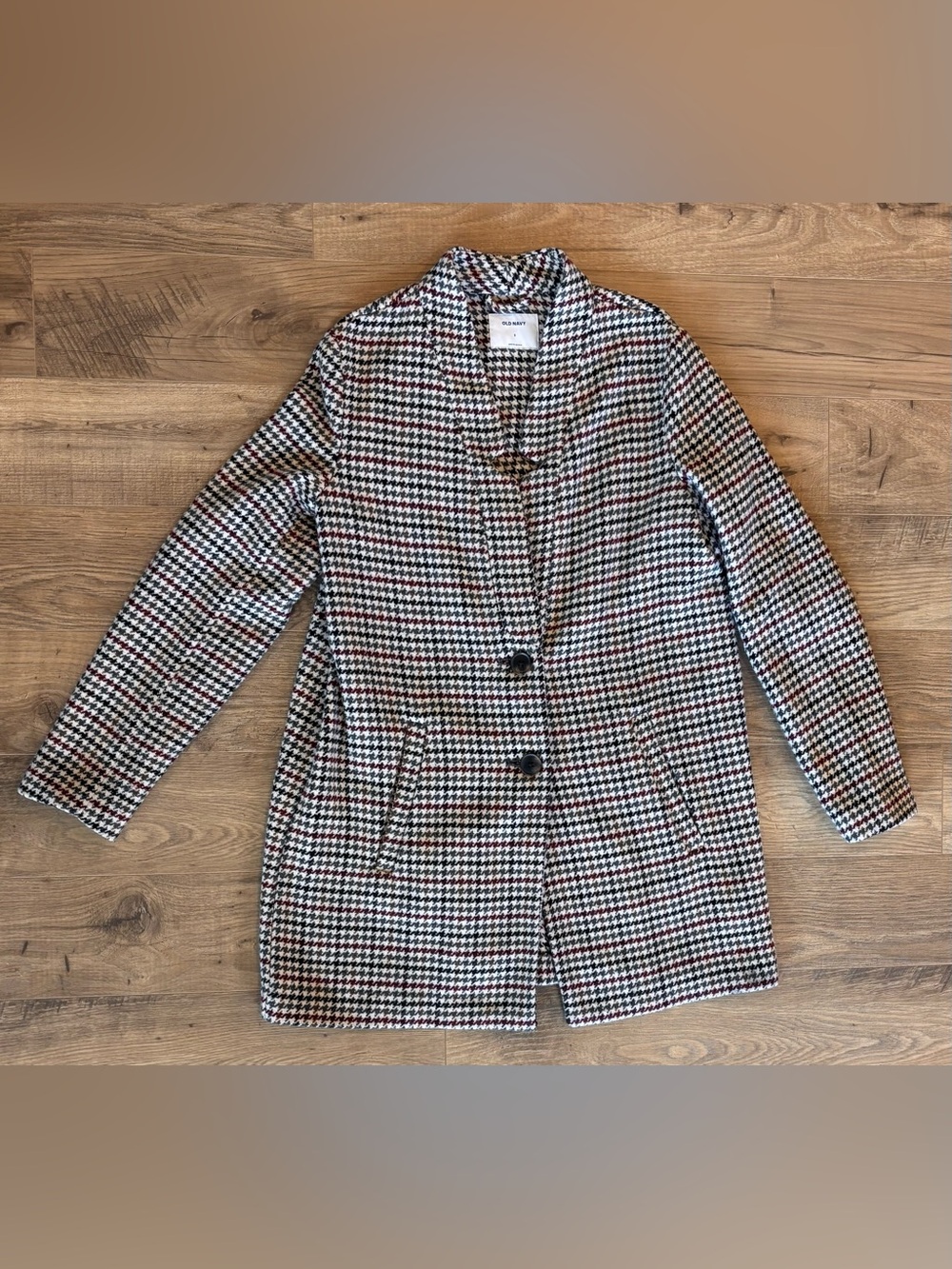 Old Navy Textured Houndstooth Multi Print Coat Black White Burgundy Size Small